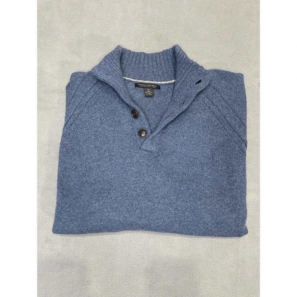 Banana Republic Sweater Men XL Blue Wool‎ Blend Sweater Mock Neck 4 Button